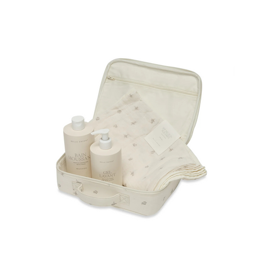 Belle Enfant bubble bath and wash set with 100% cotton muslin jumbo swaddle in a fabric suitcase gift set