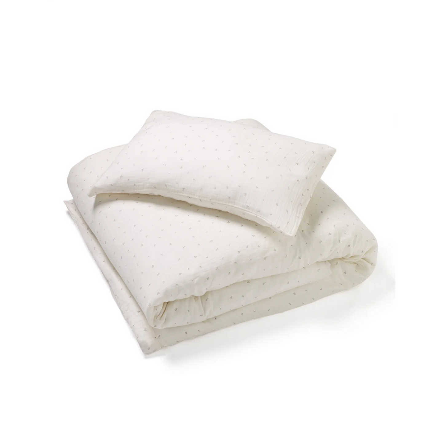 Delicately printed cotton muslin bedding set with pillowcase and duvet cover.