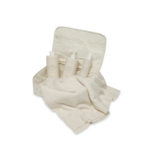 Belle Enfant Beauty Starter Set with bath essentials, merino cashmere blanket, and Taupe Rose vanity case