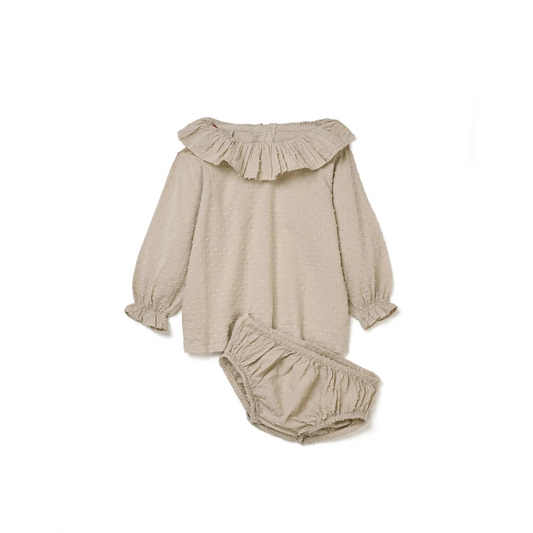 Plumeti Frill Blouse & Bloomer Set - Flax