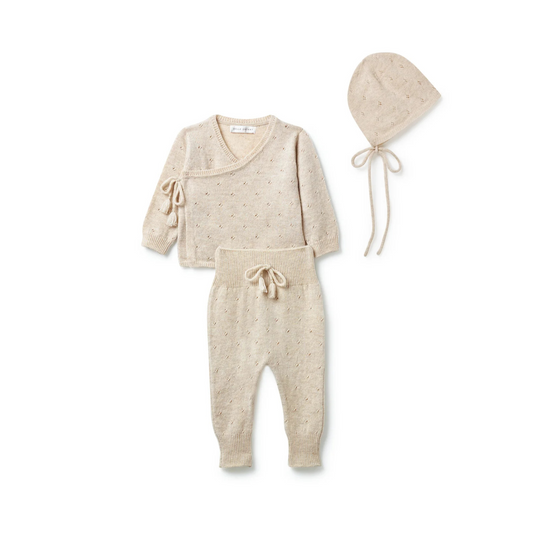 Pointelle Wrap Top, Leggings & Bonnet Set - Oatmeal Marl