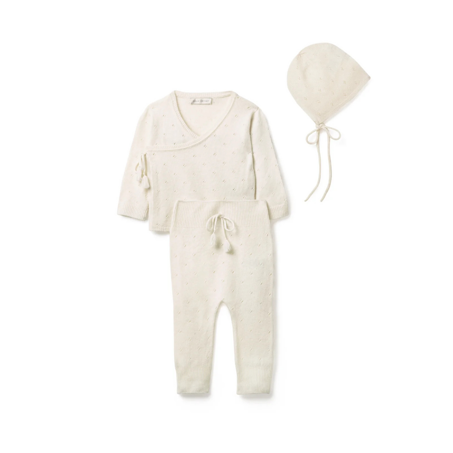 Pointelle Wrap Top, Leggings & Bonnet Set - Snow White