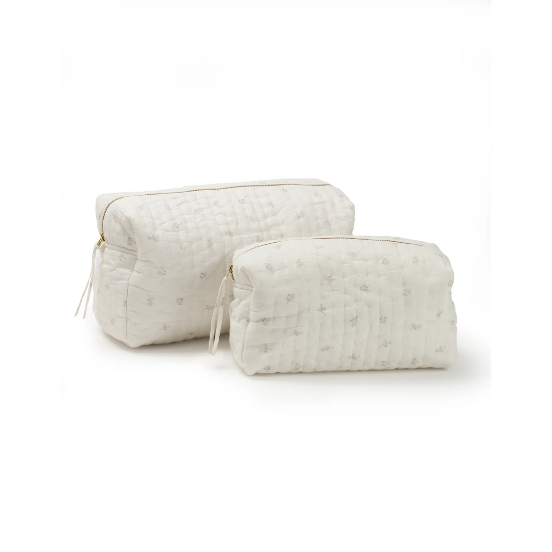 Belle Enfant hand-quilted cotton toiletry bag in Taupe Rose print, small and large sizes.