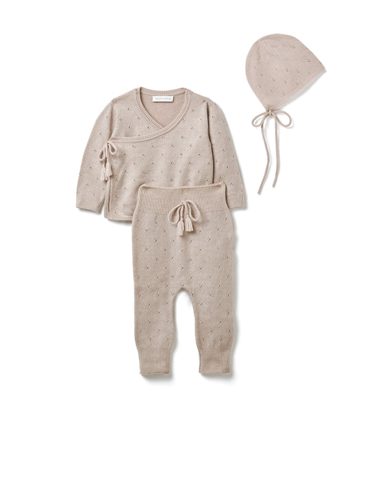 Pointelle Wrap Top, Leggings & Bonnet Set - Alabaster