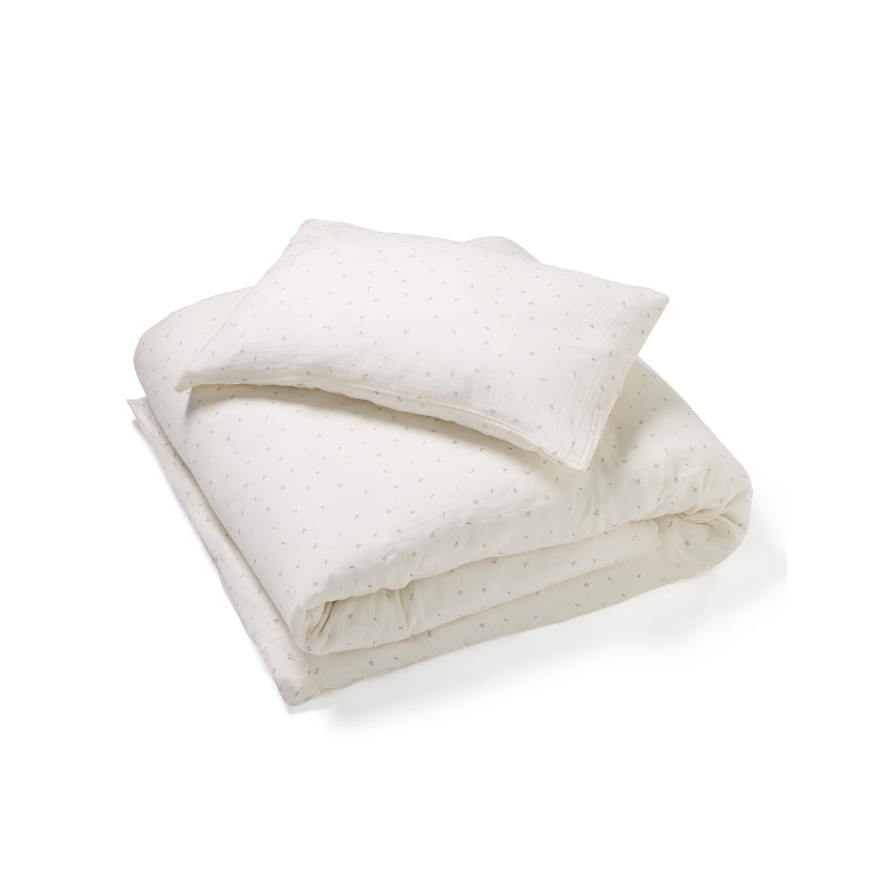 Delicately printed cotton muslin bedding set with pillowcase and duvet cover.