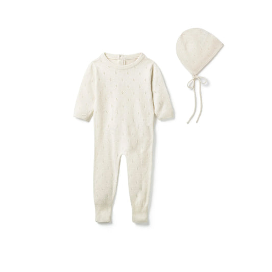 Pointelle Romper & Bonnet Set - Snow White