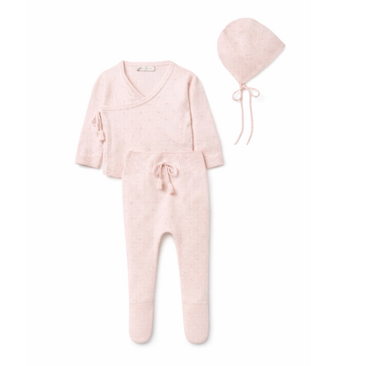 Pointelle Wrap Top, Leggings & Bonnet Set - Rose