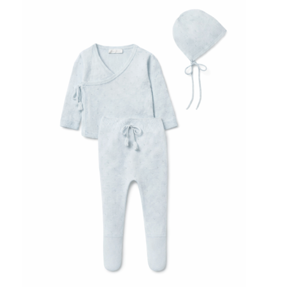 Pointelle Wrap Top, Leggings & Bonnet Set - Cloud Blue