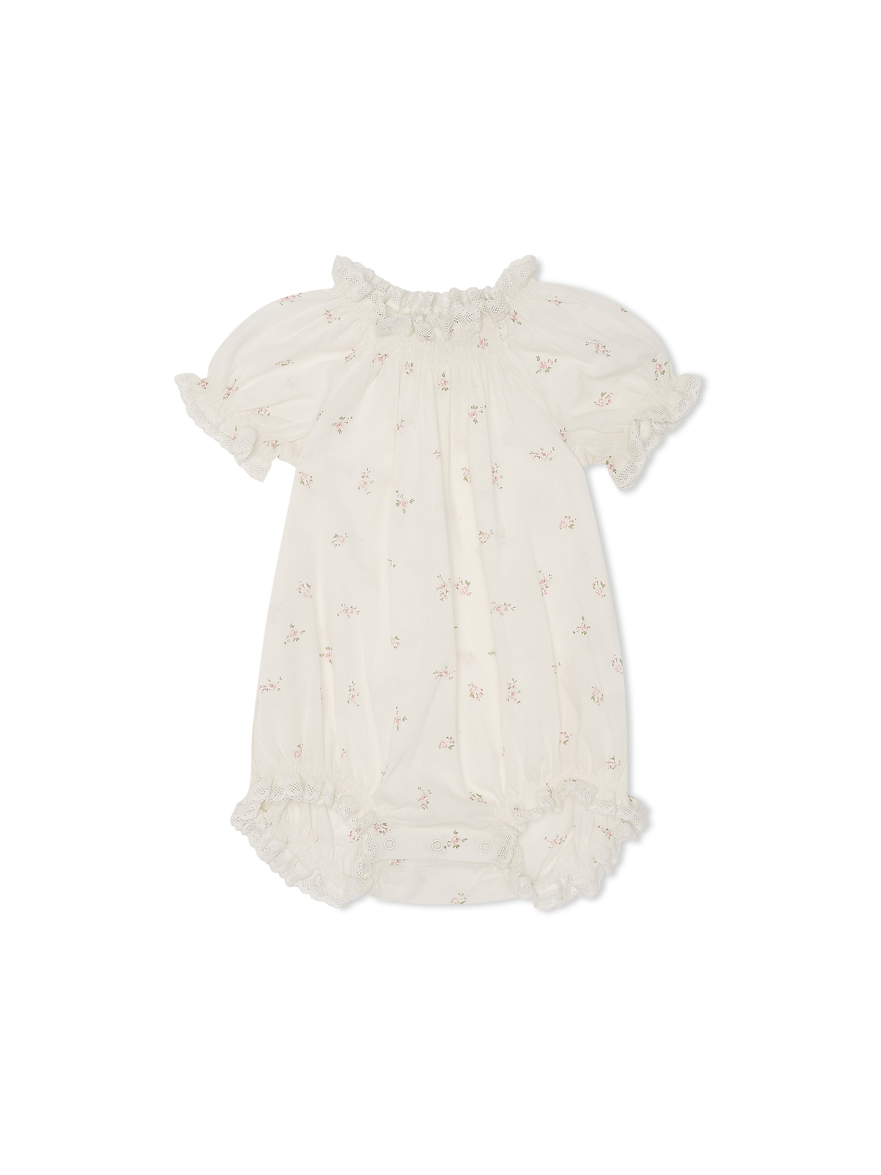 $190 Poupette St. Barth girls soft thin floral cream lace deals trim romper